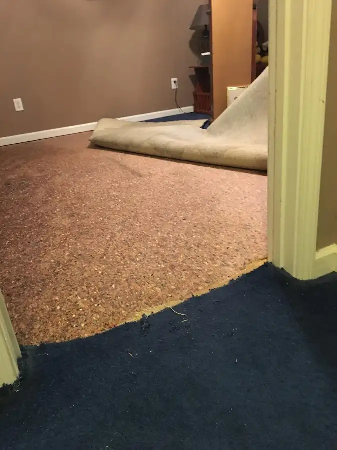 Carpet pad removal revealing water damage during Water Mitigation Services in Goleta